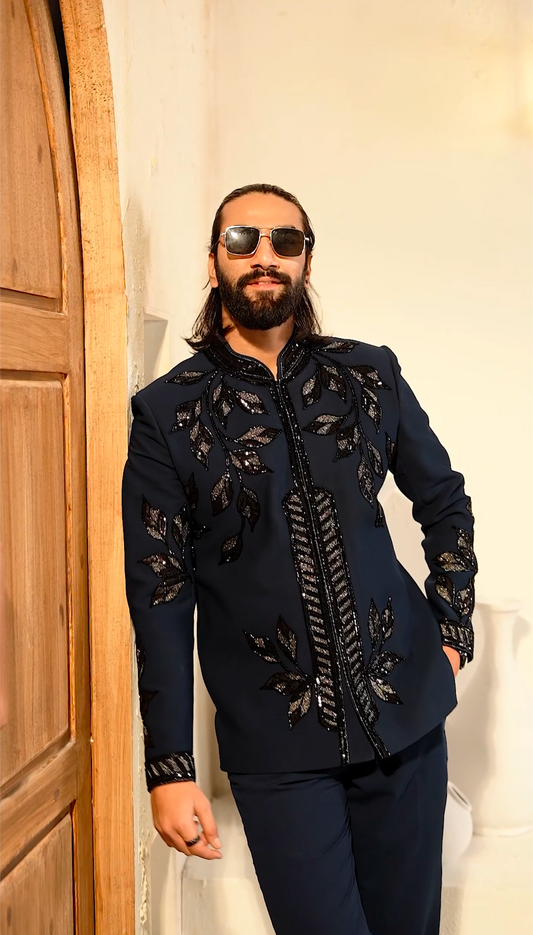 Luxe Teal Blue Cutdana 2-Piece Jodhpuri Set