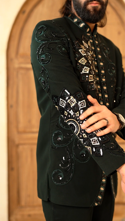 Regal Bloom Jodhpuri – 2-Piece Floral Cutdana Embroidered Suit Elegance in Dark Green