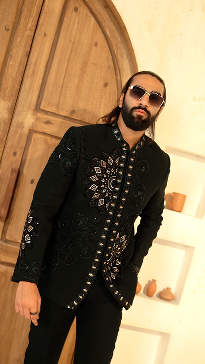 Regal Bloom Jodhpuri – 2-Piece Floral Cutdana Embroidered Suit Elegance in Dark Green