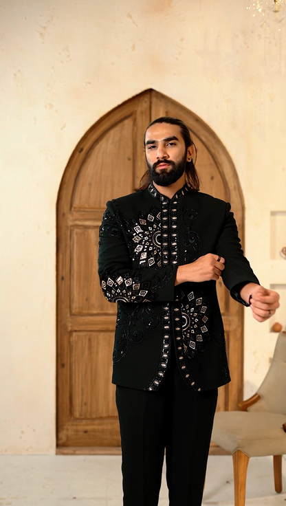 Regal Bloom Jodhpuri – 2-Piece Floral Cutdana Embroidered Suit Elegance in Dark Green