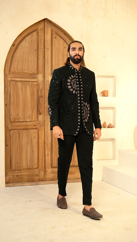 Regal Bloom Jodhpuri – 2-Piece Floral Cutdana Embroidered Suit Elegance in Dark Green