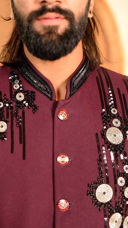 Royal Maroon Cutdana 2-Piece Jodhpuri Set