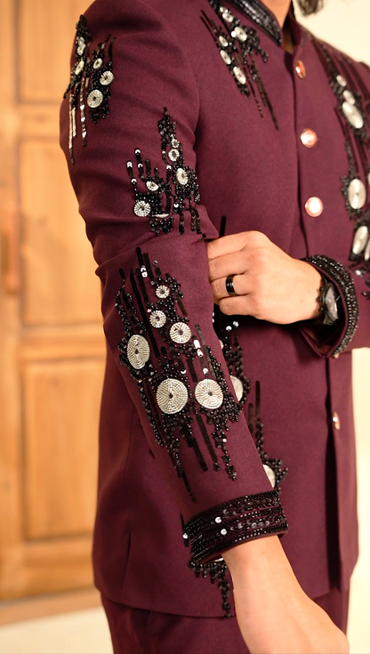 Royal Maroon Cutdana 2-Piece Jodhpuri Set