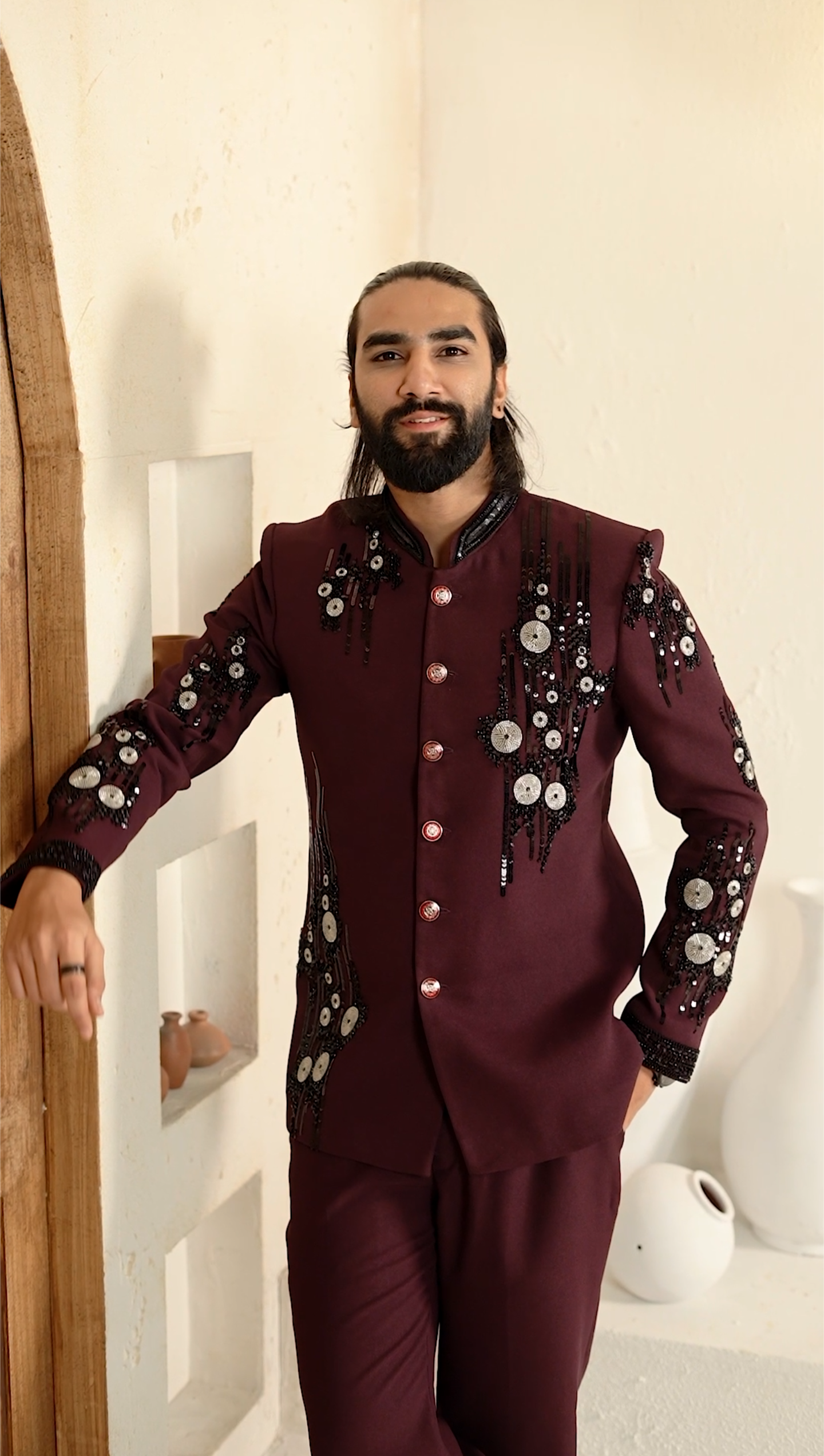 Royal Maroon Cutdana 2-Piece Jodhpuri Set