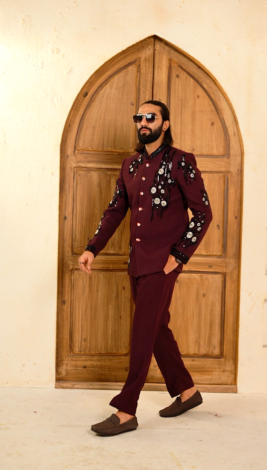 Royal Maroon Cutdana 2-Piece Jodhpuri Set