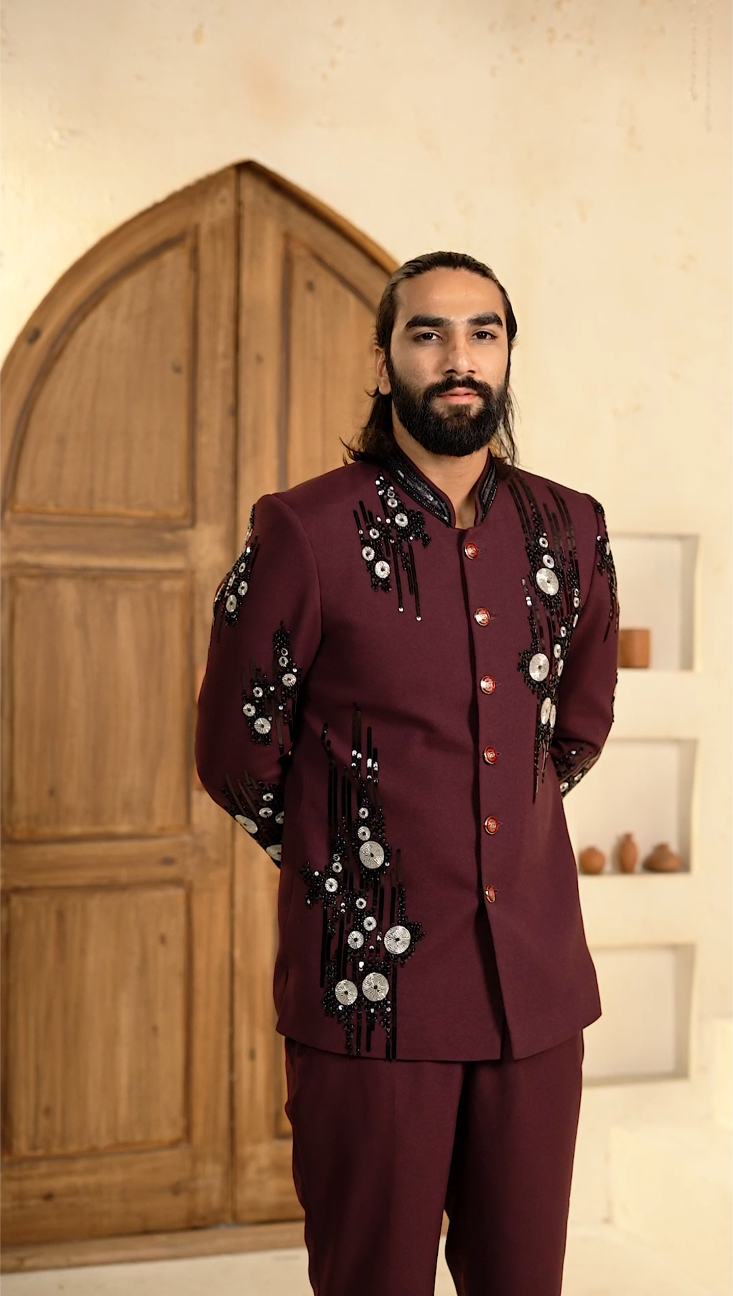 Royal Maroon Cutdana 2-Piece Jodhpuri Set
