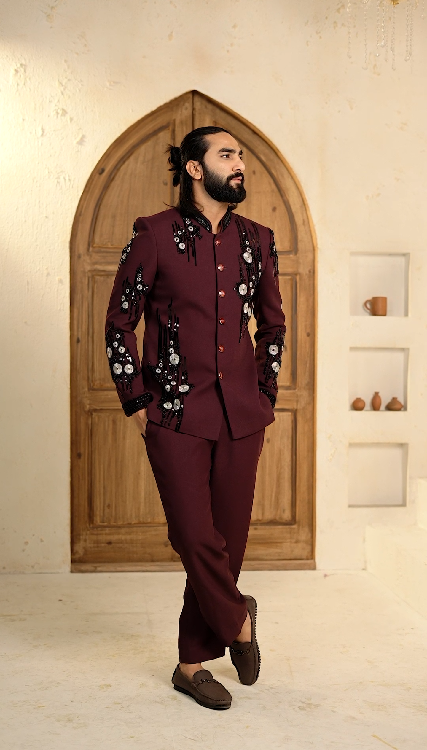 Royal Maroon Cutdana 2-Piece Jodhpuri Set