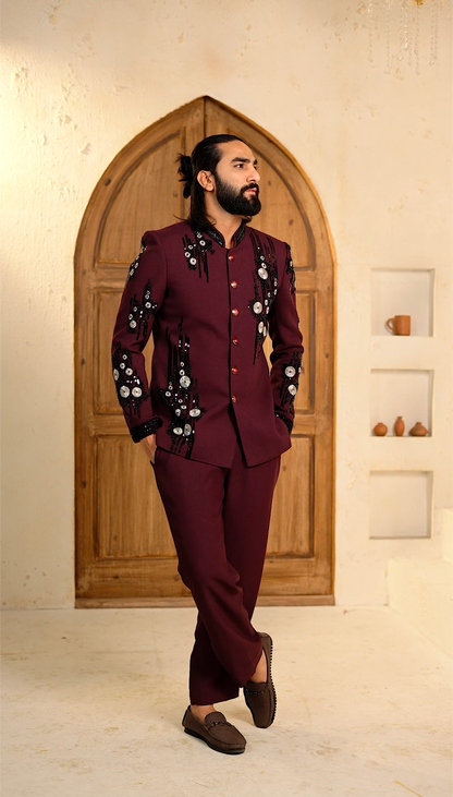 Royal Maroon Cutdana 2-Piece Jodhpuri Set