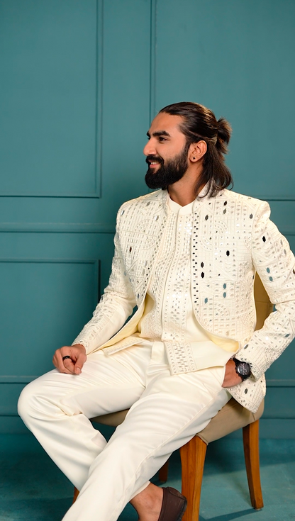 Elite Jodhpuri 3-Piece Suit – Mirror & Sequin Embroidered  Elegance in White