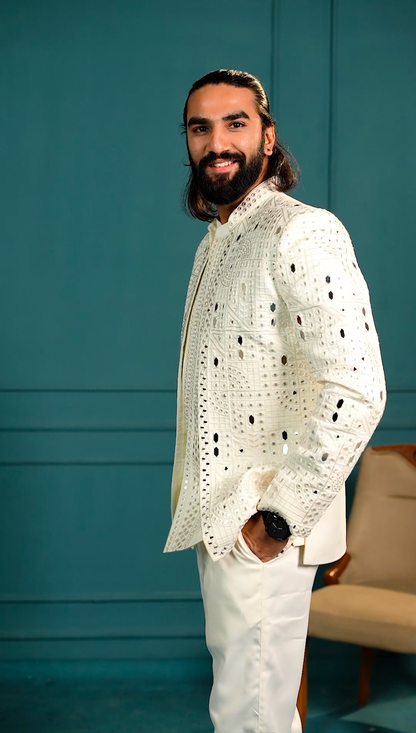 Elite Jodhpuri 3-Piece Suit – Mirror & Sequin Embroidered  Elegance in White