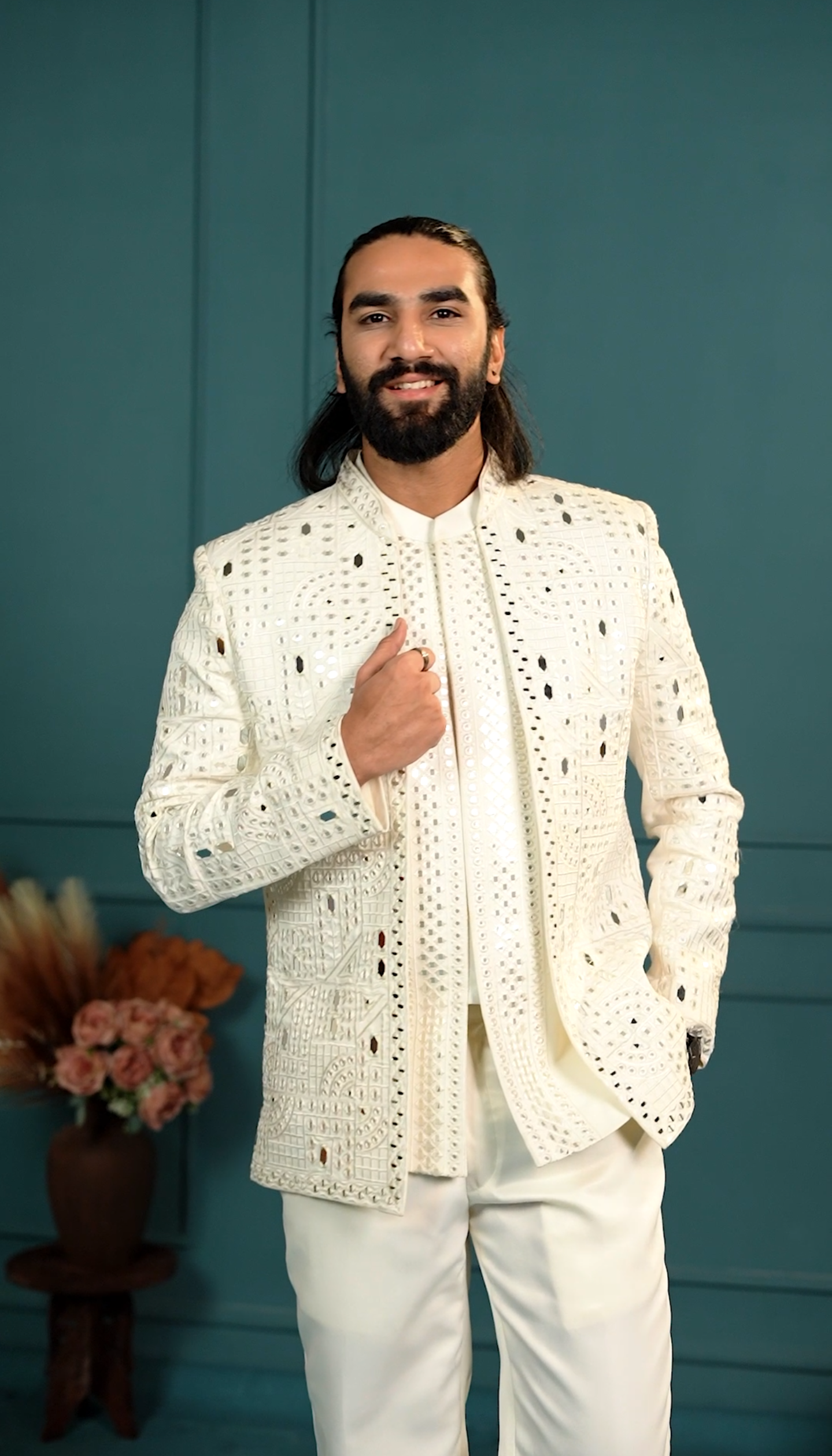 Elite Jodhpuri 3-Piece Suit – Mirror & Sequin Embroidered  Elegance in White