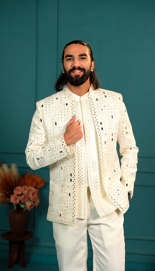 Elite Jodhpuri 3-Piece Suit – Mirror & Sequin Embroidered  Elegance in White