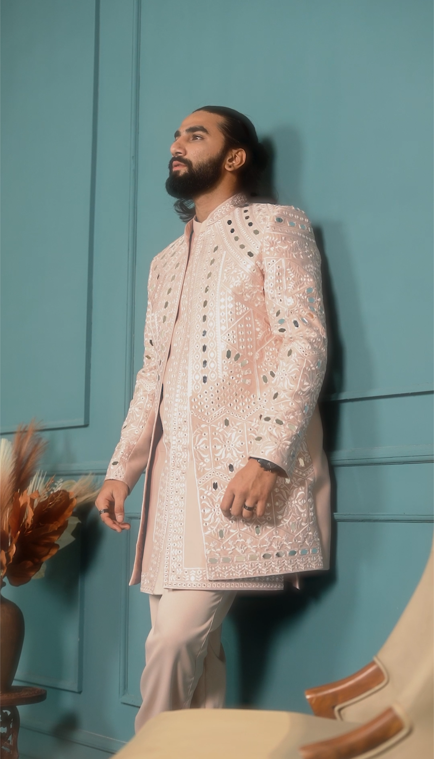 Luxury Peach Mirror 3-Piece Indo Western Set