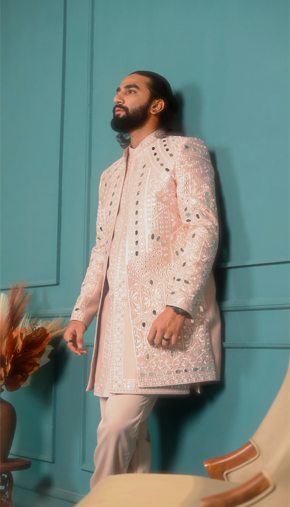 Luxury Peach Mirror 3-Piece Indo Western Set
