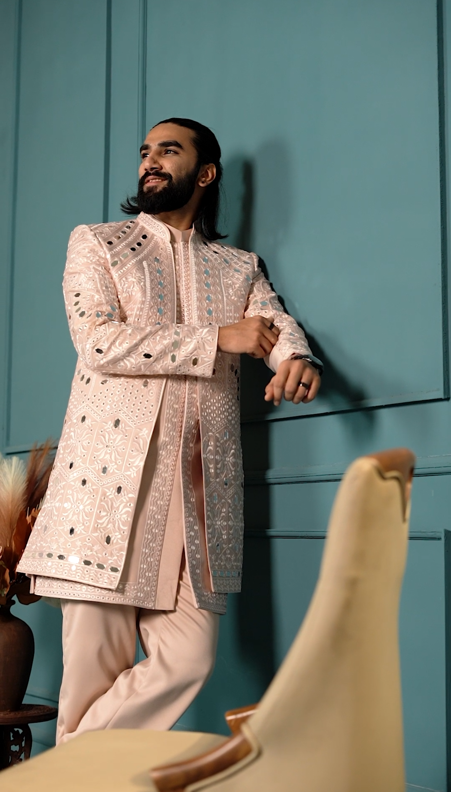 Luxury Peach Mirror 3-Piece Indo Western Set