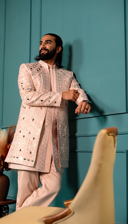 Luxury Peach Mirror 3-Piece Indo Western Set