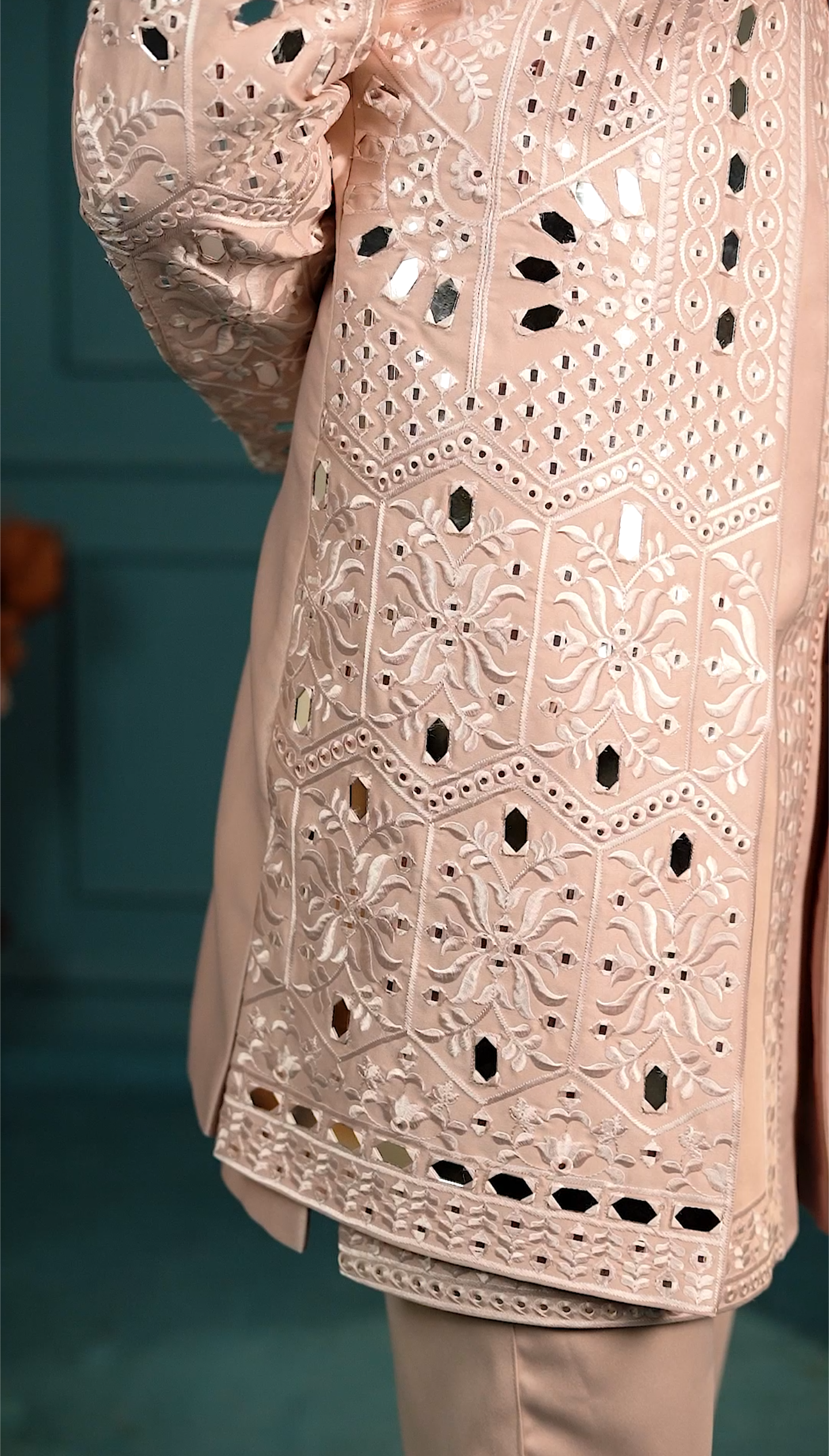 Luxury Peach Mirror 3-Piece Indo Western Set