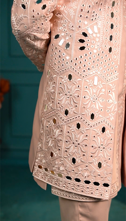 Luxury Peach Mirror 3-Piece Indo Western Set