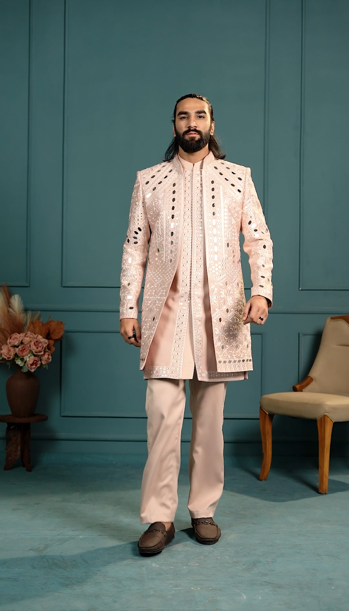 Luxury Peach Mirror 3-Piece Indo Western Set