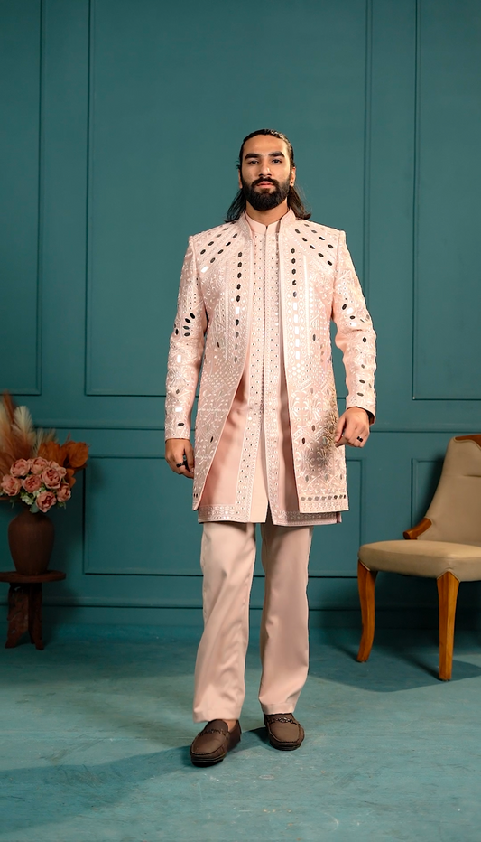 Luxury Peach Mirror 3-Piece Indo Western Set