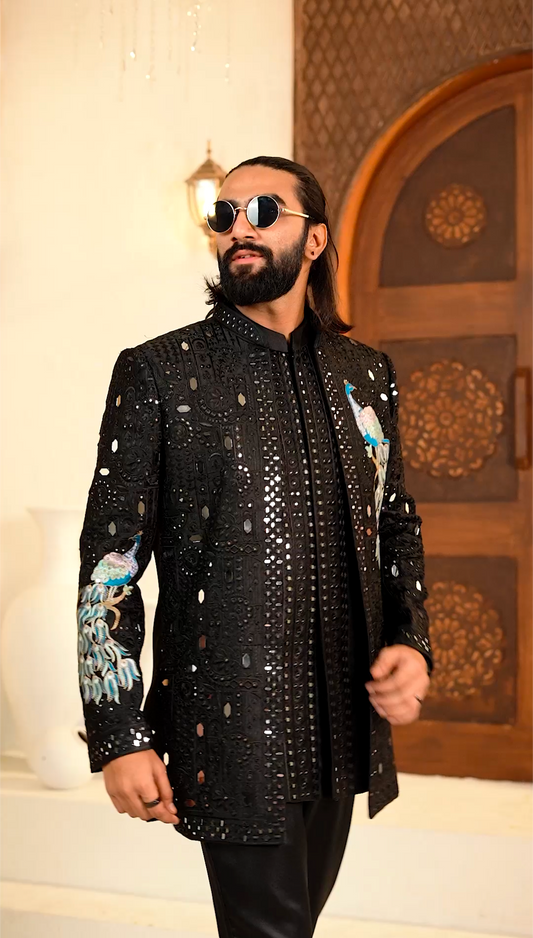 Elegant Black Mirror Peacock 3-Piece Indo Western Set