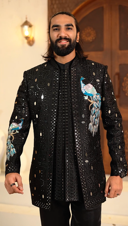 Elegant Black Mirror Peacock 3-Piece Indo Western Set