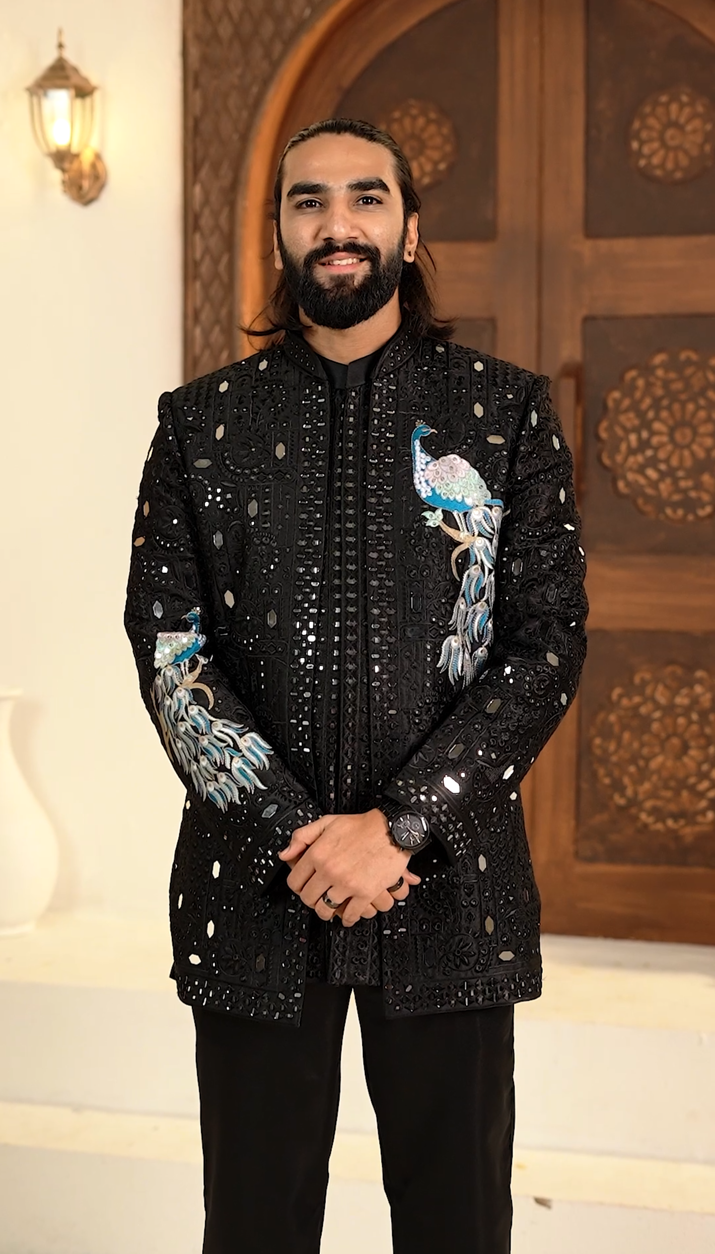 Elegant Black Mirror Peacock 3-Piece Indo Western Set