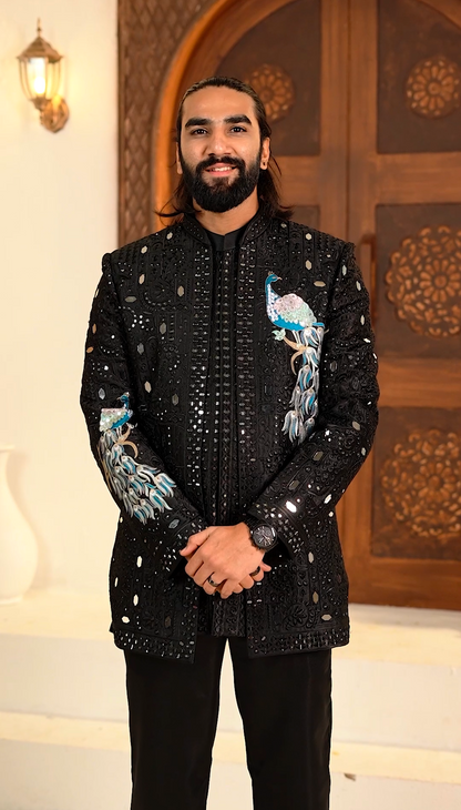 Elegant Black Mirror Peacock 3-Piece Indo Western Set