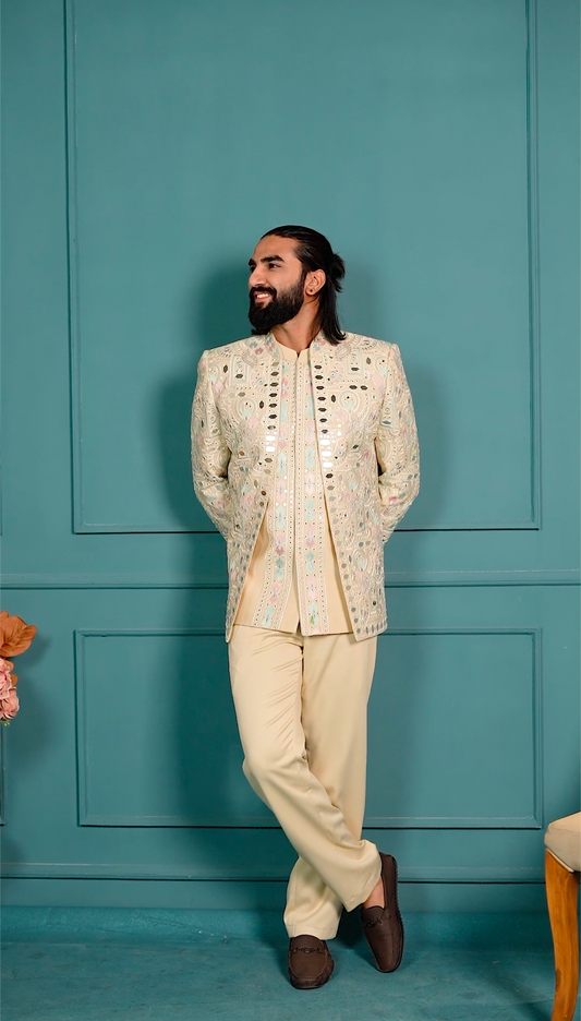 Elegant Beige Mirror 3-Piece Open Jodhpuri Western Set