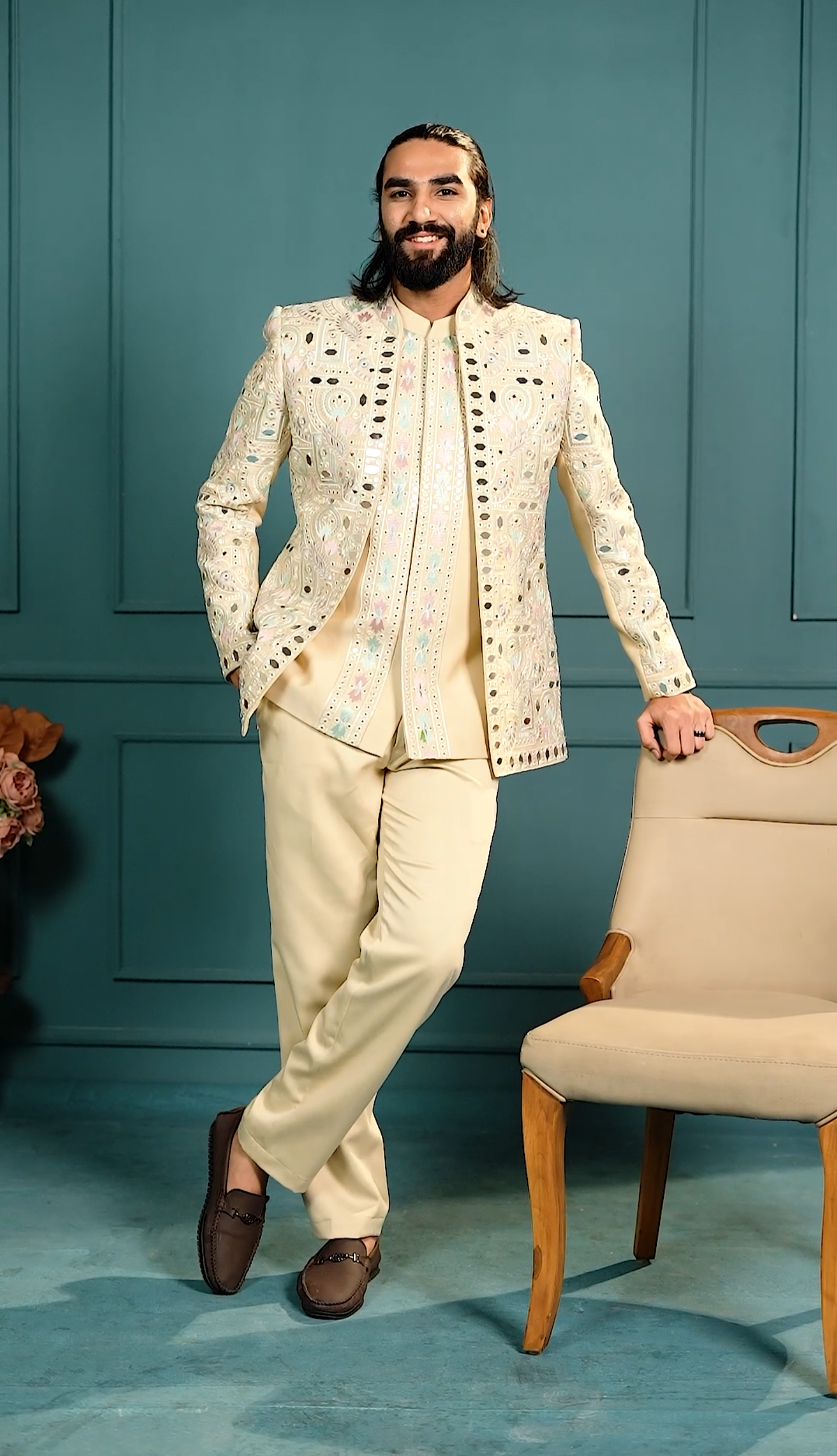 Elegant Beige Mirror 3-Piece Open Jodhpuri Western Set
