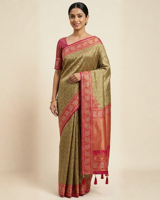 Woman wearing a traditional saree with a gold and red pattern on a beige background