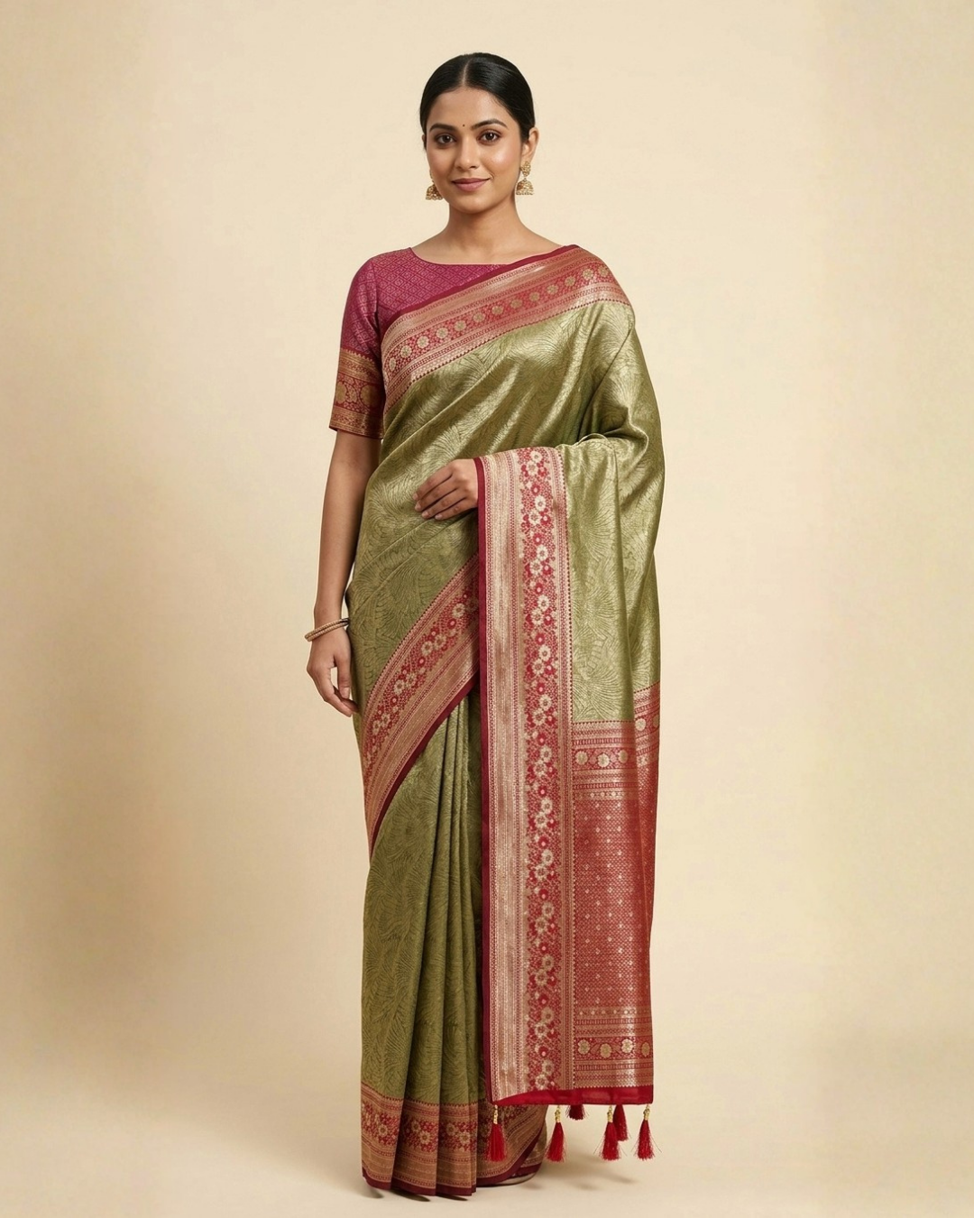 Woman wearing a green saree with red border on a beige background