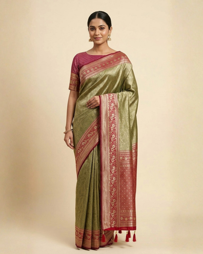 Woman wearing a green saree with red border on a beige background