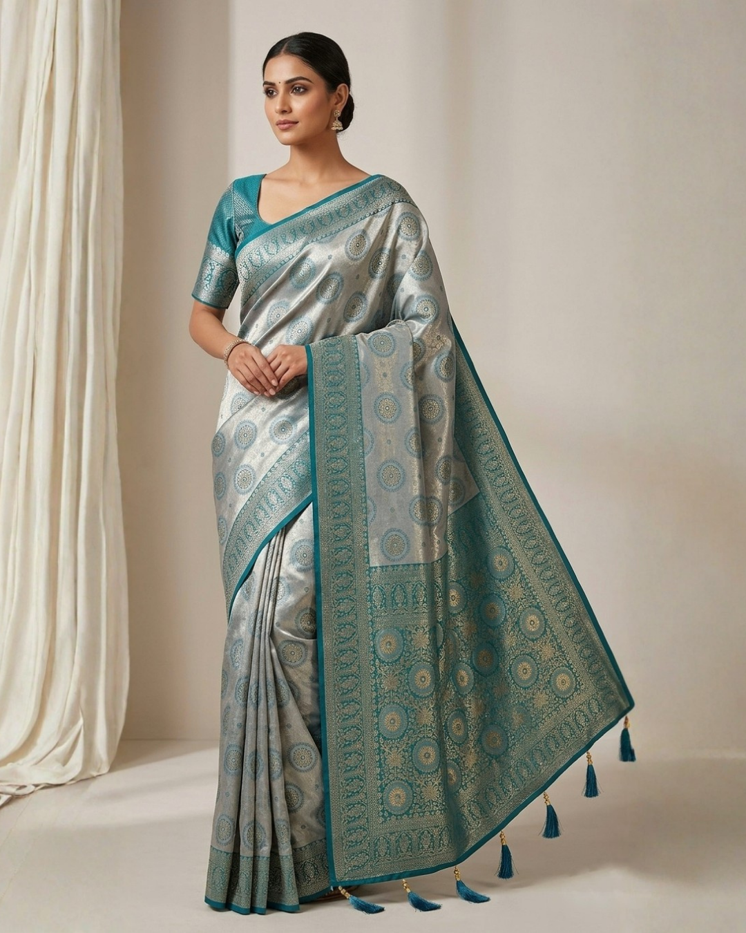 Woman wearing a traditional saree with a decorative border against a neutral background