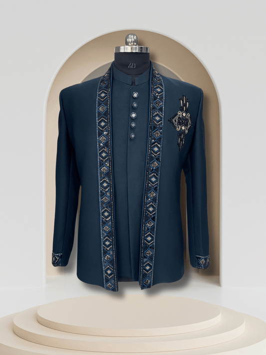 Signature Jodhpuri 3-Piece Suit – Embroidered One-Side Chest Butta Elegance in Rama Green