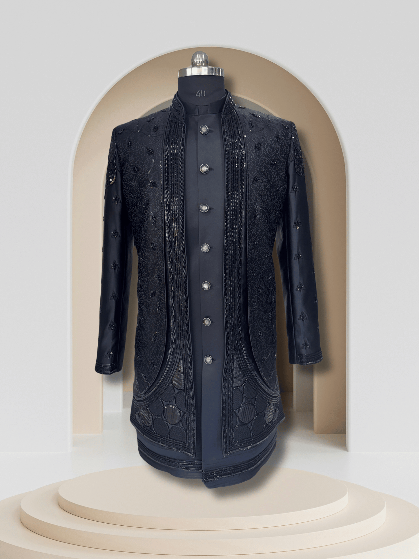 Obsidian Elegance – Textured Black Indo-Western 3-Piece Set for Men