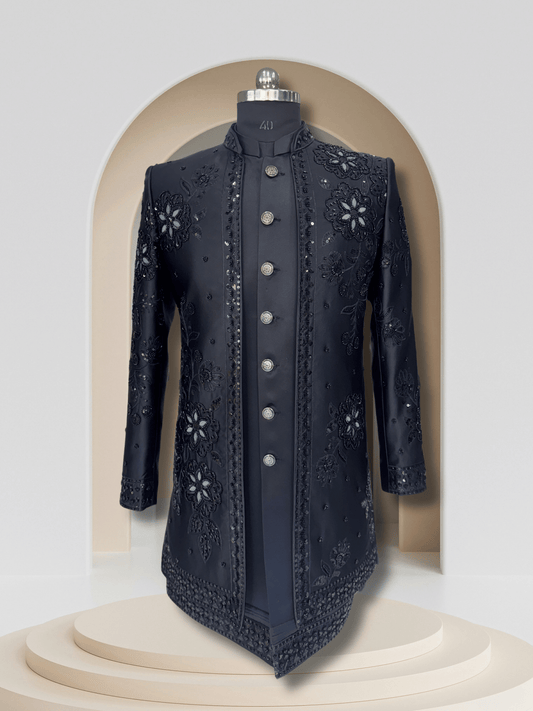 Eclipse Regal – Black Asymmetrical Indo-Western Set with Tonal Embroidery