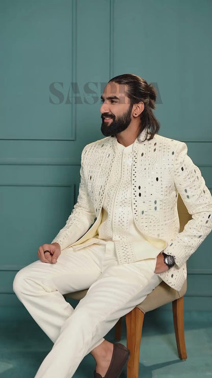 Elite Jodhpuri 3-Piece Suit – Mirror & Sequin Embroidered  Elegance in White