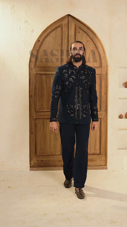Luxe Teal Blue Cutdana 2-Piece Jodhpuri Set