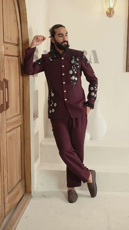 Royal Maroon Cutdana 2-Piece Jodhpuri Set